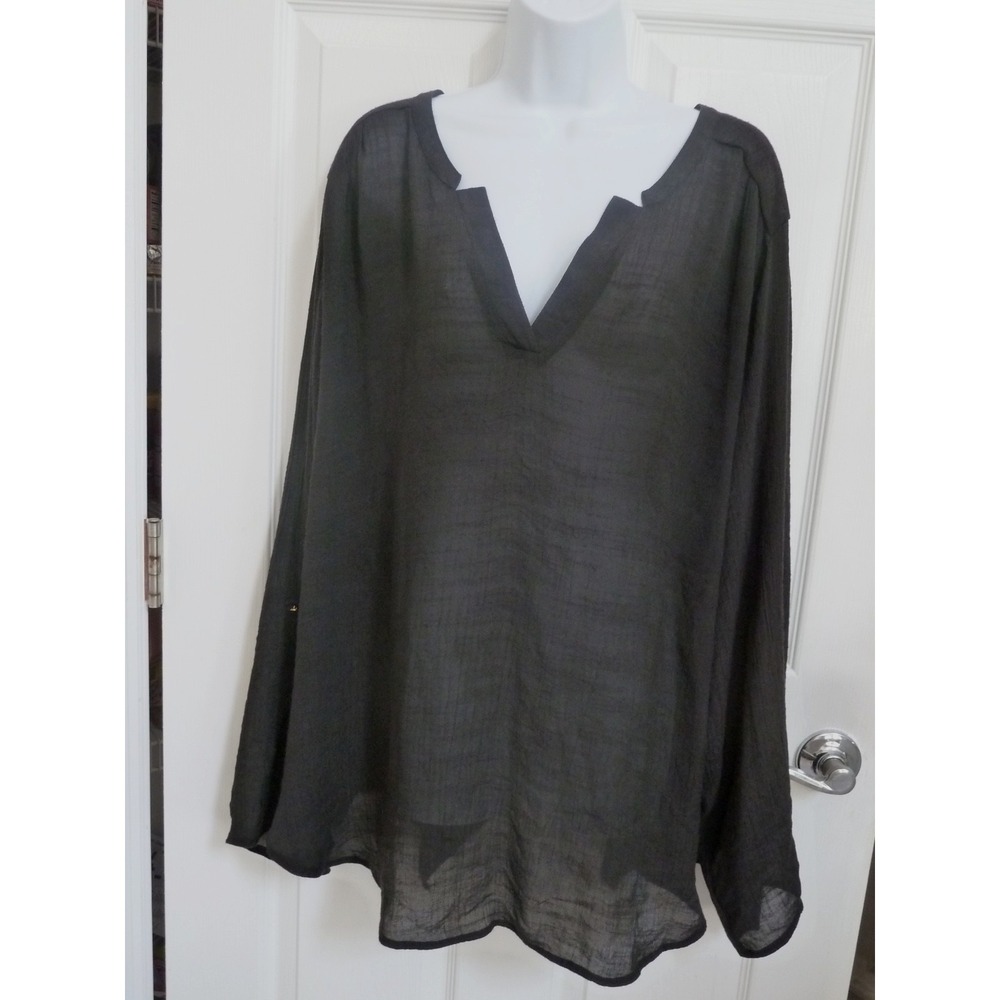 Cato Woman Plus Sz 26/28 Black Gauzy Roll-Tab Sleeve Open Back Blouse NWOT